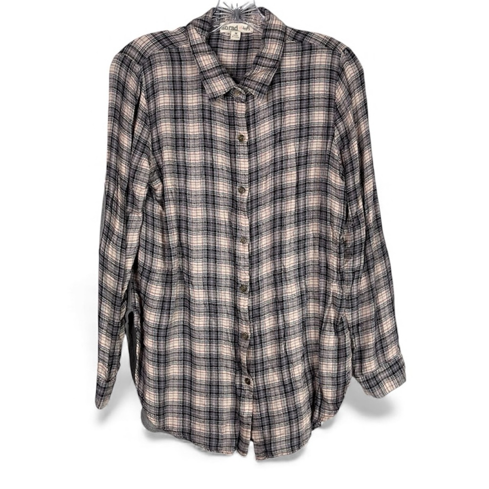 So Rad Button Up Shirt Women’s M Pink Blue Plaid Hi Low Long Sleeve Juniors
